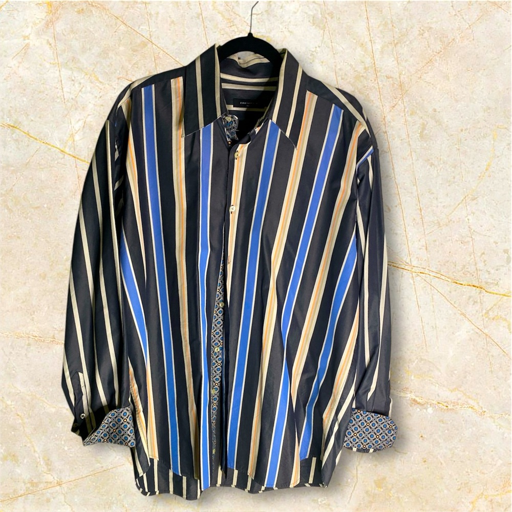 Equilibrio‎ Italia Sz L Striped Dress Shirt Multi-Colored reverse cuff. Blk/Blue